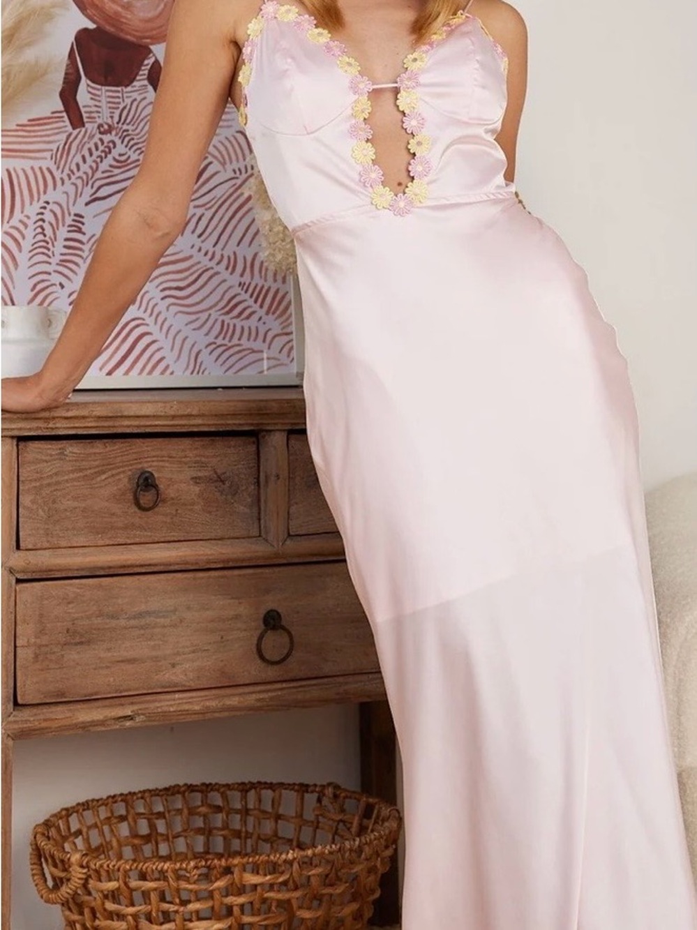 Delicate Pink Satin Midi Dress with Floral Trim